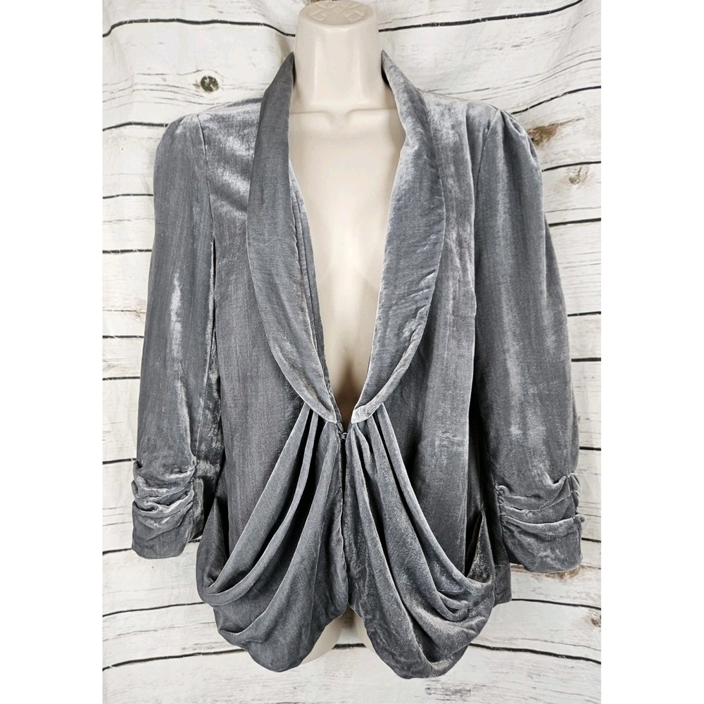Anthropologie Elevenses Gray Crushed Velvet Jacket 10 Draped Ruched Whimsigoth